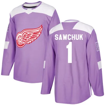 Youth Terry Sawchuk Detroit Red Wings Hockey Fights Cancer Practice Jersey - Purple Authentic